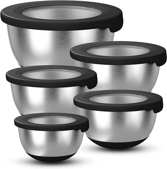 KITEISCAT Stainless Steel Mixing Bowls with Lids – Set of 5 Large Nesting Metal Bowls for Kitchen, Baking, Cooking, Food Prep & Storage, Non-Slip Base, Dishwasher Safe,Black by KITEISCAT