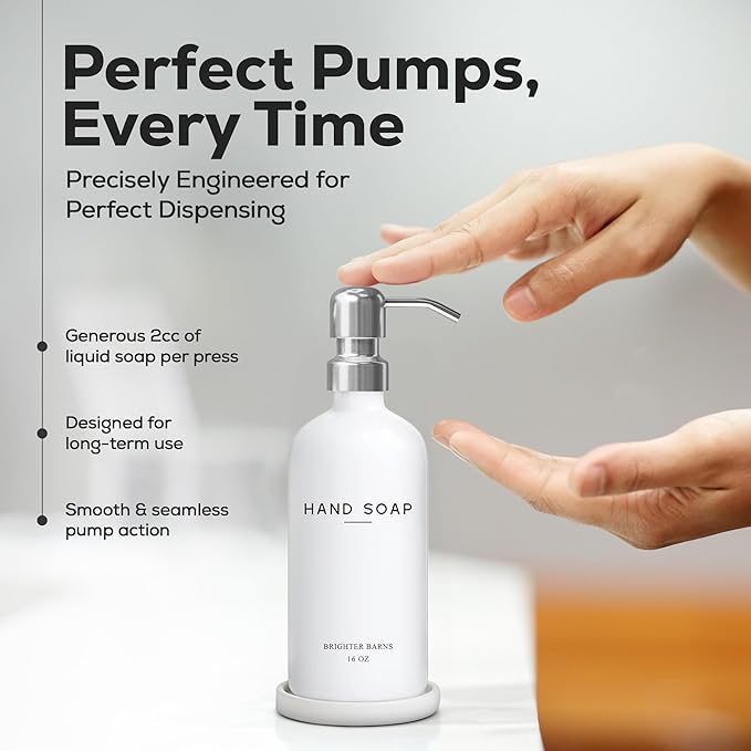 White Glass Hand Soap Dispenser Bathroom Set by Brighter Barns - Bathroom Soap Dispenser Set with Ceramic Tray - Refillable Glass Bottle Pump - Modern Home Decor for Airbnb, Hotel, Restaurants (White) - Image 4