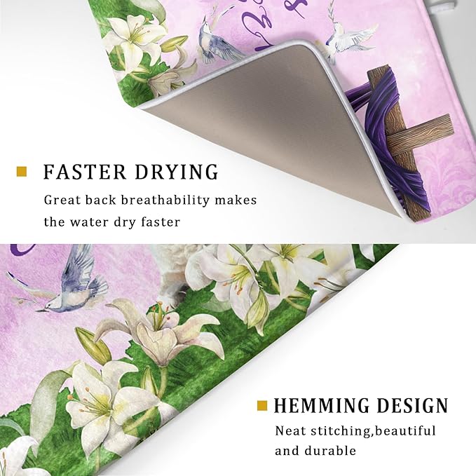 Giwawa Easter Purple Dish Drying Mat, He is Risen Cross Lamb Floral Dish Drainer Mats, Spring Lily Flowers Reversible Dish Drying Rack Pad Protector for Kitchen Countertop Decor, 18"x24"