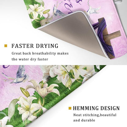 Giwawa Easter Purple Dish Drying Mat, He is Risen Cross Lamb Floral Dish Drainer Mats, Spring Lily Flowers Reversible Dish Drying Rack Pad Protector for Kitchen Countertop Decor, 18"x24"