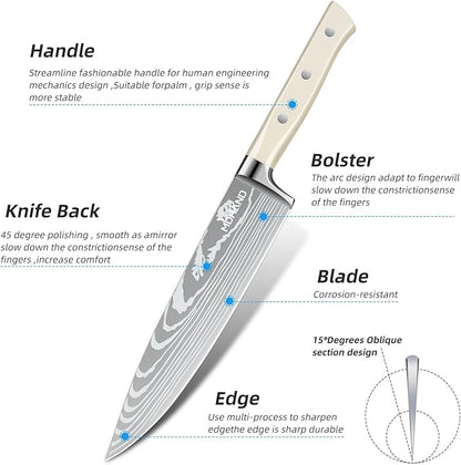 MDHAND Chef Knife Set with Roll Bag, 9PCS Professional Knife Set with Sharpener, High Carbon Stainless Steel Japanese Kitchen Knife Set - Forged Triple Rivet Handle, Dishwasher Safe, Chef Gifts, White