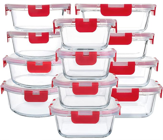 M MCIRCO 24-Piece Glass Food Storage Containers with Locking Lids,Glass Meal Prep Containers Set - Airtight Lunch Containers, Microwave, Oven, Freezer and Dishwasher, Red by MMCIRCO