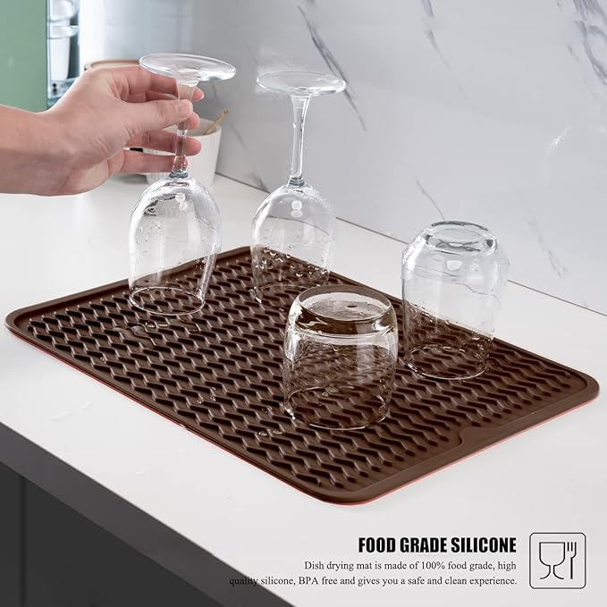 Large 17" x 14" Silicone Dish Drying Mat for Kitchen Counter, Easy clean, Quick Dry, Heat-resistant Dish Drainer Mat for Sink,Refrigerator or Drawer liner (Food Grade Silicone-Coffee) - Image 5