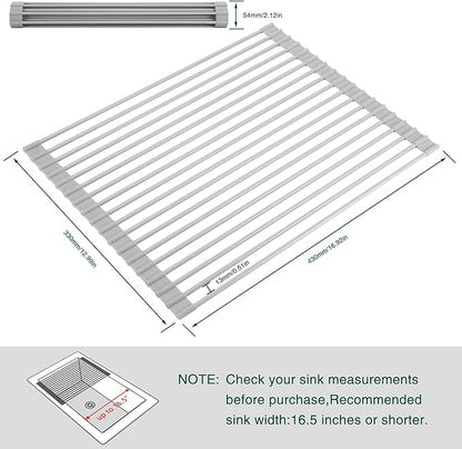 HANZENMA Roll Up Dish Drying Rack Over The Sink Kitchen Roll Up Sink Drying Rack Multipurpose Foldable Sink Drying Mat, Heat-Resistant, Anti-Slip & Anti-Rust Dish Rack for Kitchen, 17" x 13", Grey - Image 2