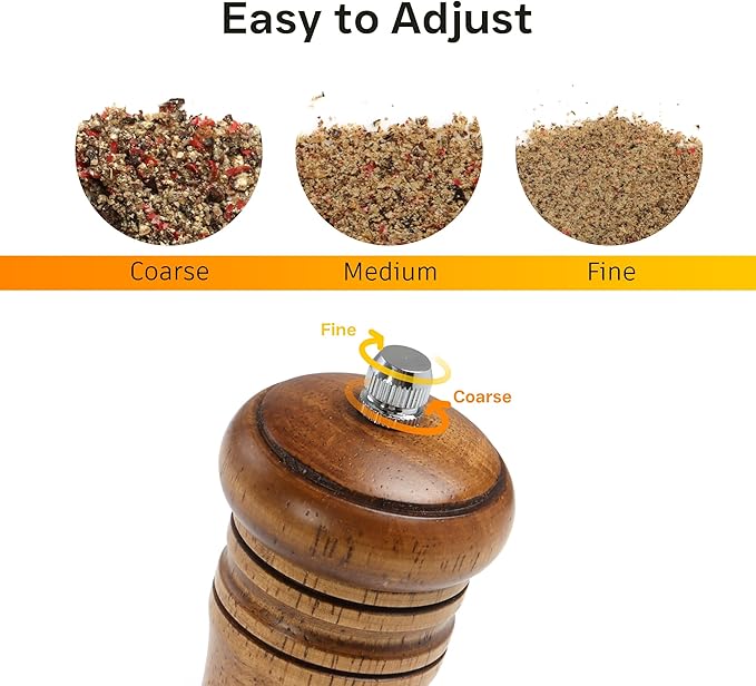 Wooden Salt and Pepper Grinder Set, Premium Oak Wood Salt Grinders Shakers, Manual Pepper Mill with S and P Engraving, Adjustable Ceramic Grinder for House Warming Cooking Gifts – 8 inches, 2 Pack - Image 3