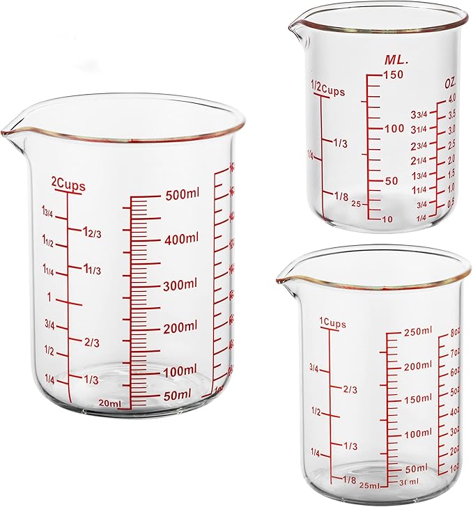 3 Piece Glass Measuring Cup Set, Includes 1/2-Cup, 1-Cup, and 2-Cup High Borosilicate Glasss Liquid Measuring Cups, Dishwasher, Freezer, Microwave, and Preheated Oven Safe, Essential Kitchen Tools by AckersBORO33