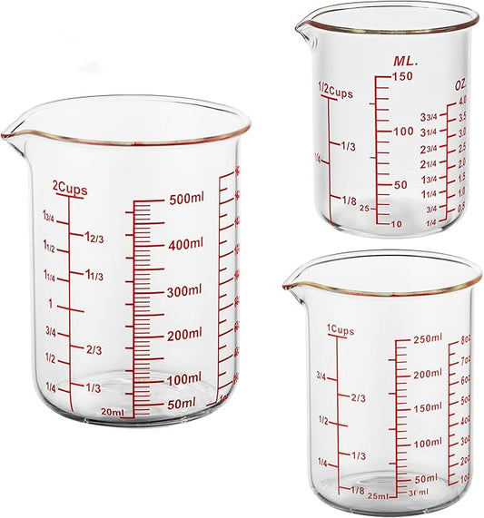 3 Piece Glass Measuring Cup Set, Includes 1/2-Cup, 1-Cup, and 2-Cup High Borosilicate Glasss Liquid Measuring Cups, Dishwasher, Freezer, Microwave, and Preheated Oven Safe, Essential Kitchen Tools by AckersBORO33