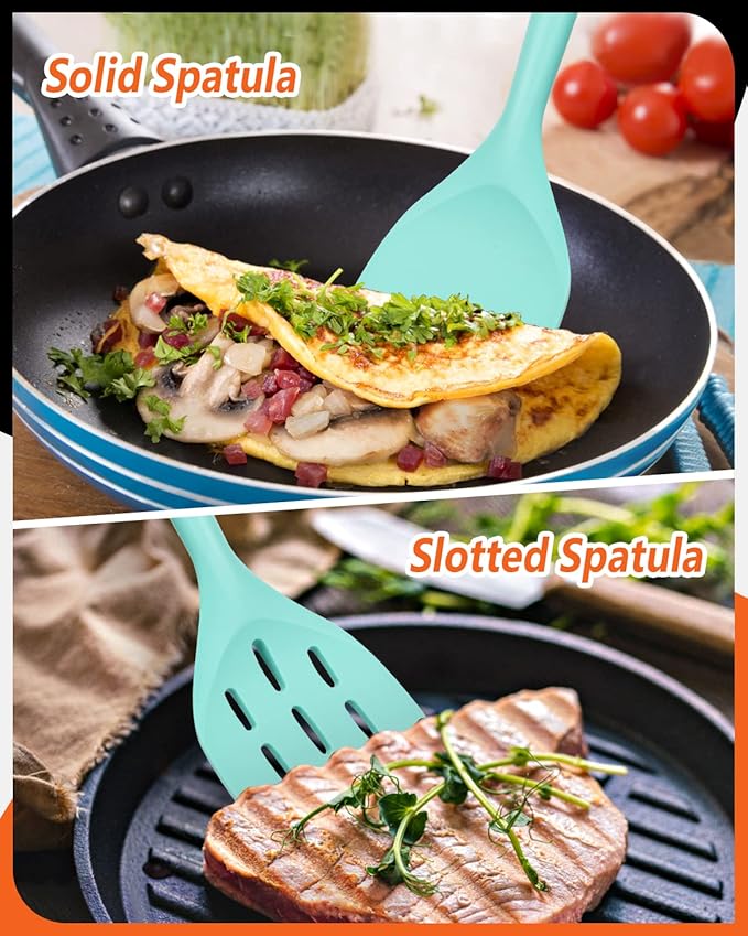 Pack of 2 Silicone Spatula, Non Stick Cooking Utensil Set Stainless Steel Handle Kitchen Turner for Baking Mixing Grilling Serving Food Heat Resistant Non Scratch Hooks Included (Green) - Image 5
