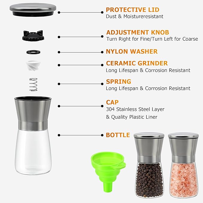 R DRURLCD Short Silver Premium Stainless Steel Salt and Pepper Grinder Set of 2，Adjustable Ceramic Mill - Manual Grinder for Salt, Pepper [No Spices Included]