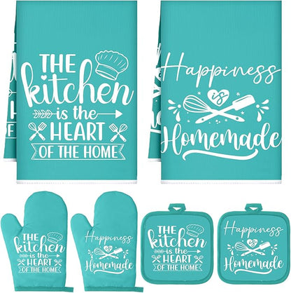 Sratte 6 Pcs Kitchen Decor Accessories Set Farmhouse Towels Pot Holders Oven Mitts Set 2 Dish Towels 2 Potholders 2 Cooking Mittens Oven Glove for Christmas Baking Cooking Supply(Light Teal,Kitchen) by Sratte