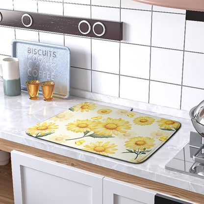 Yellow Sunflower Dish Drying Mat for Kitchen Counter Summer Daisy Floral Dishes Pad Farmhouse Flower Dish Draining Microfiber Absorbent Dish Drainer Rack Mat Large Extra Large 18x24 Inch - Image 5