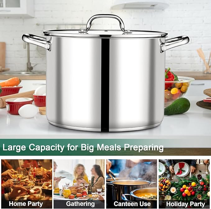 P&P CHEF 20 QT Stock Pot with Lid, Stainless Steel Large Cooking Pot, Soup Canning Stockpot for Stewing Simmering, Tri-ply Bottom for All Stoves, Heavy-Duty &Dishwasher Safe & Food-Grade - Image 6