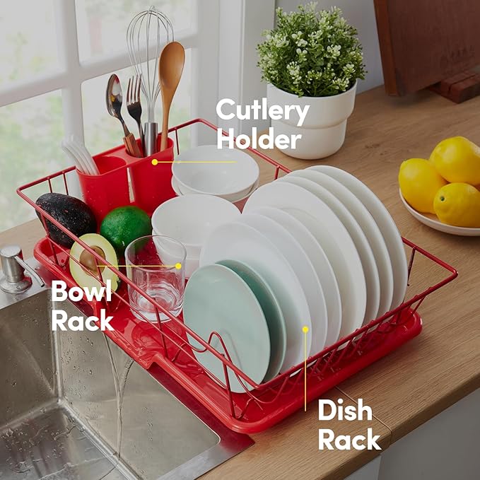 Sweet Home Collection Space-Saving 3-Piece Dish Drainer Rack Set: Efficient Kitchen Organizer for Quick Drying and Storage - Includes Cutlery Holder and Drainboard - Maximize Countertop Space, Red - Image 7