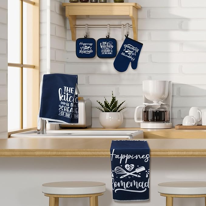 Sratte 6 Pcs Kitchen Decor Accessories Set Farmhouse Towels Pot Holders Oven Mitts Set 2 Dish Towels 2 Potholders 2 Cooking Mittens Oven Glove for Christmas Baking Cooking Supply(Blue,Kitchen) - Image 7