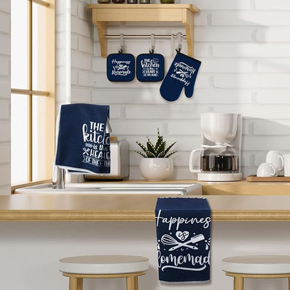 Sratte 6 Pcs Kitchen Decor Accessories Set Farmhouse Towels Pot Holders Oven Mitts Set 2 Dish Towels 2 Potholders 2 Cooking Mittens Oven Glove for Christmas Baking Cooking Supply(Blue,Kitchen) - Image 7