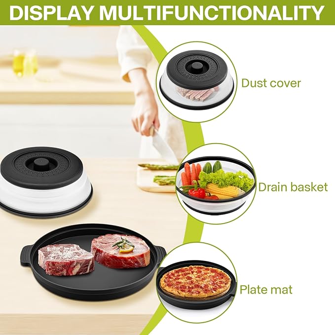 Microwave Splatter Cover for Food with Anti-scald Base Plate,Large Plastic & Silicone Vented Avoid Scalding Collapsible Guard Lid,Kitchen Essential Gadgets for Meal Prep-10.7 Inch (Black) - Image 4