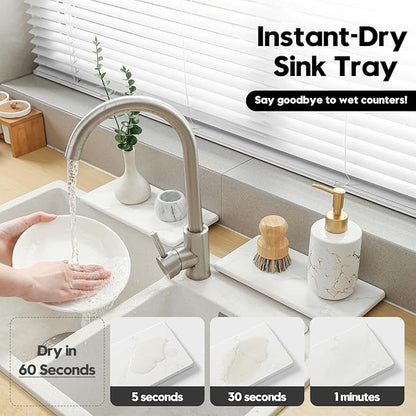 2PCS 10"x 5" Large Bathroom Sink Vanity Trays, Water Absorbing Diatomite Stone Quick Drying Mat for Kitchen Counter, Dish Rack Dispensers Sponge Holder Caddy Organizer, Marble White, 10"x 5"
