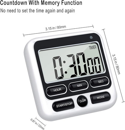 KTKUDY Digital Kitchen Timer with Mute/Loud Alarm Switch ON/Off Switch, 12-Hour Clock & Alarm, Memory Function Count Up & Count Down for Kids Teachers Cooking, Large LCD Display, Strong Magnet (Black) - Image 5