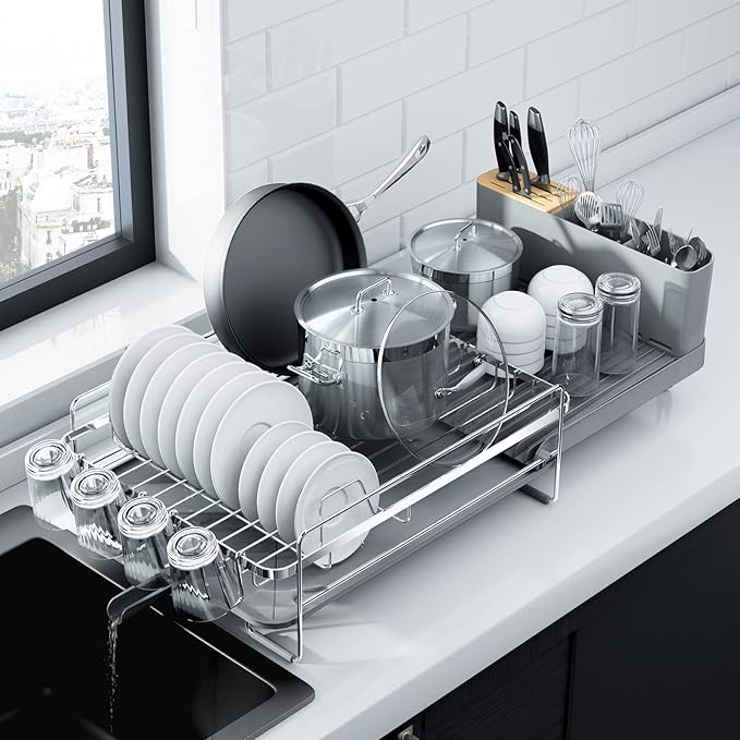 Kitsure Large Dish Drying Rack - Extendable Dish Rack, Multifunctional Dish Rack for Kitchen Counter, Anti-Rust Dish Drainers with Cutlery & Cup Holders 19.2"-26.7" L x 12.9" W, Sliver by Kitsure