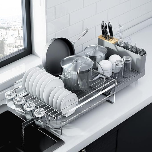Kitsure Large Dish Drying Rack - Extendable Dish Rack, Multifunctional Dish Rack for Kitchen Counter, Anti-Rust Dish Drainers with Cutlery & Cup Holders 19.2"-26.7" L x 12.9" W, Sliver by Kitsure