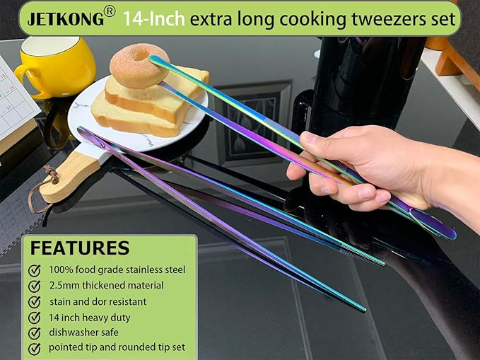 JETKONG 2 Pcs 14-Inch Culinary Tweezers Extra Long Food Tweezers Kitchen Tweezer Tongs for Cooking Grilling and BBQ (Rainbow) - Image 3