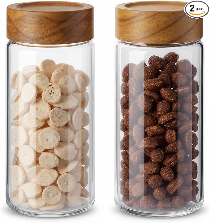 2-Pack 13 fl oz Glass Mason Jars with Acacia Wood Lids - Sealable, Leakproof, Clear & Stackable Food Storage Containers for Spices, Meal Prep, Flour, Sugar & Snack Storage