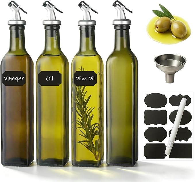 WERTIOO 4Pack Green Olive Oil Dispenser Bottle, 17 OZ Glass Oil Dispenser for Kitchen, 500ml Glass Bottles for Vinegar Oliveoil with Label and Funnel by WERTIOO