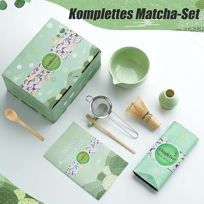 Clay&Fire Matcha Whisk Set, Ceramic Matcha Set, Matcha Bowl with Spout and Whisk, 9 pcs Matcha Tea Kit for Matcha Lovers, Ideal Gift Christmas, Birthday (Green) - Image 3