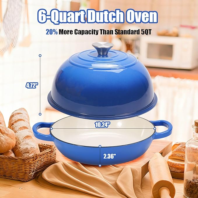 6QT Enameled Cast Iron Dutch Oven for Bread Baking – Sourdough Starter Kit with Cotton Basket, Bread Sling, Lame, Brush & Handle Cover – Multi-Purpose Pot for Baking, Frying, Braising – Blue