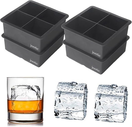 Large Ice Cube Trays Silicone (2.5-Inches) - Large Ice Tray Molds for making 4 Giant Ice Cubes for Whiskey (black 4 pack)