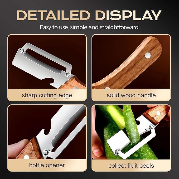 2Pcs Multifunctional Vegetable Peeler for Kitchen, 2-in-1 Stainless Steel Vegetable Peeler with Wooden Handle and Bottle Opener, Stainless Steel Blade, Non-Slip Kitchen Vegetable and Fruit Peeler - Image 3