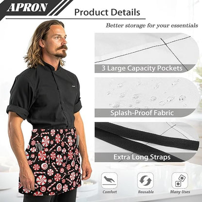 Server Apron with 3 Pockets, Waterproof Oil Waitress Waiter Half Apron for Restaurant Hotel Kitchen Cafe