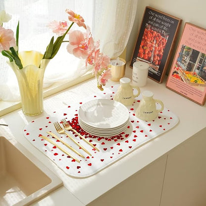 Valentines Day Dish Drying Mat 18 x 24 inch Red Hearts Decorative Drying Mats Microfiber Absorbent Love Heart Dish Washable Draining Mat for Kitchen Counter Decor