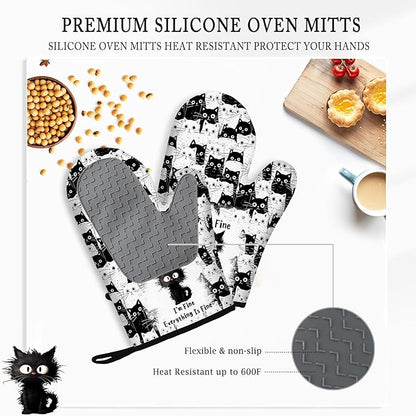 Black Cat Oven Mitts and Pot Holders Sets 3PCS, Cat Silicone Heat Resistant Oven Mitts Birthday Gifts for Cats Lover, Cute Cats Pot Holder Non-Slip Silicone Oven Gloves for Mom Wife Sister BFF