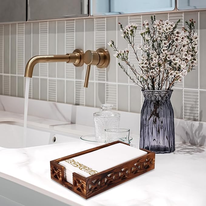 Rustic Wood Paper Towel Holder for Bathroom & Kitchen - Modern Farmhouse Napkin Holder with Basket - Disposable Hand Towels Tray