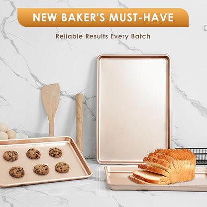 Baking Sheet Pan Set of 3, Commercial Cookie Sheets for Baking, Nonstick Half/Quarter/Jelly Roll Pans Replacement Toaster Oven Tray, Heavy Duty & Easy Clean, Rose Gold - Image 7