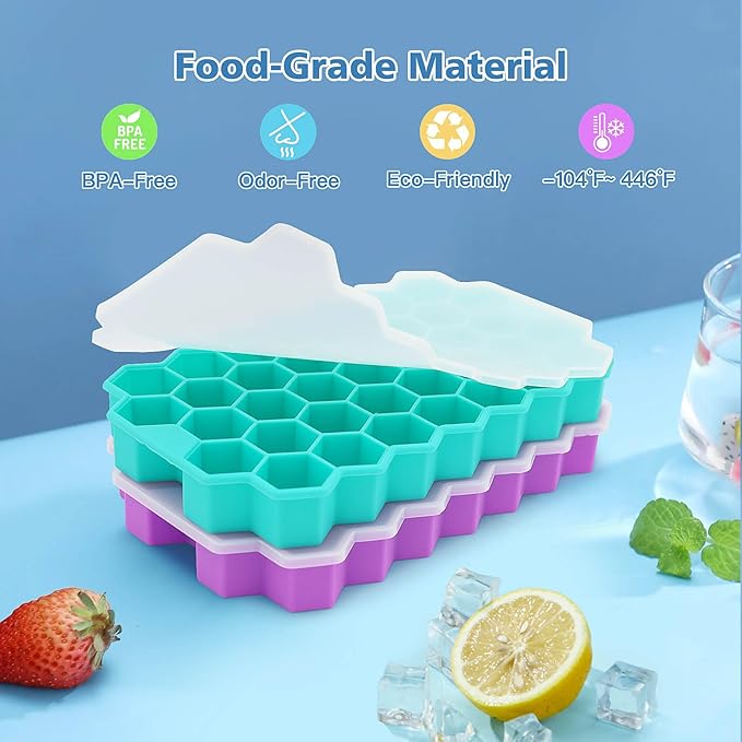 Azyh Ice Cube Trays for Freezer, 2 Pack Ice Cube Tray with Lid, Silicone Ice Cube Mold with Lid-37 Grid,Easy-Release Reusable 74 PCS Small Ice Cubes for Iced Coffee Cocktail Whisky Chocolate Soup Food - Image 3
