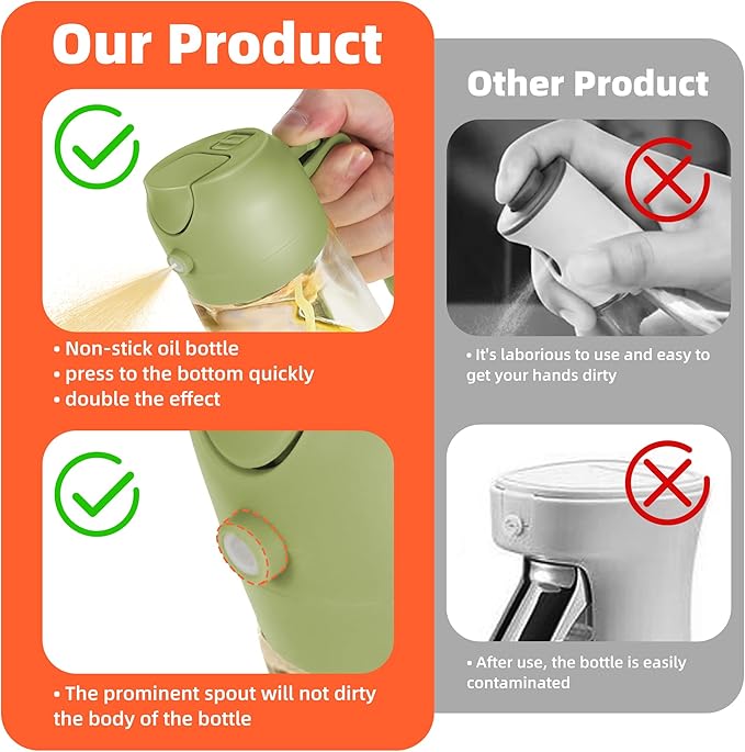 TrendPlain 16oz/470ml Glass Olive Oil Sprayer for Cooking – 2 in 1 Olive Oil Dispenser Bottle for Kitchen Gadgets and Air Fryer Accessories, Salad, BBQ - Green - Image 6