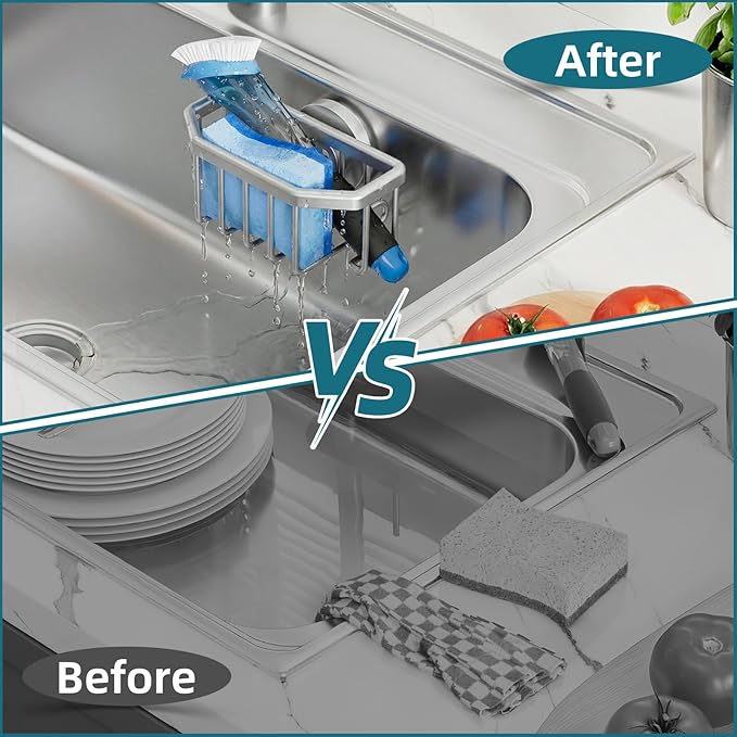 TAILI Sink Caddy with Strong Suction Cup, Sponge Holder for Kitchen Sink Organizer, Removable Sponge Caddy Inside Sink, Rustproof Aluminum Holder for Sponges, Brushes - Silver - Image 8