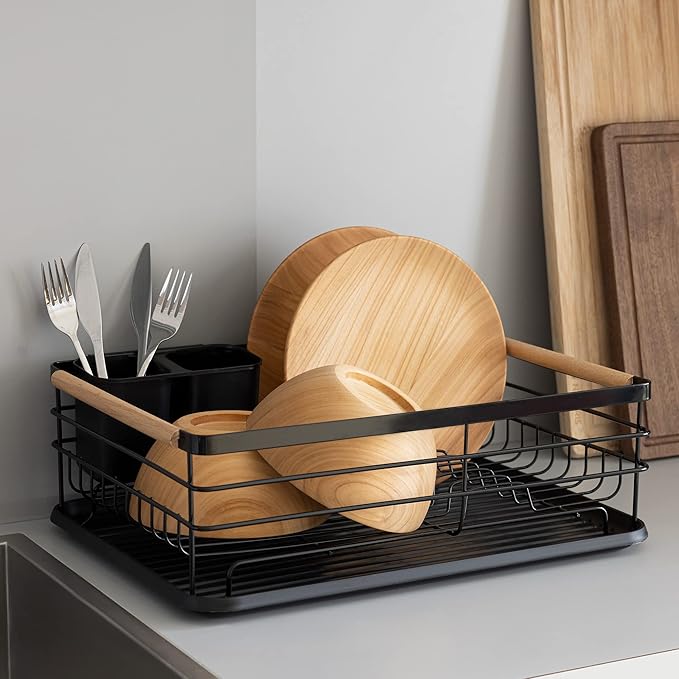 Navaris Dish Drainer Rack - Plate, Silverware, Pots and Pans Drying Rack for Kitchen with Beechwood Handles - Modern Retro Design Drip Tray - Black - Image 2