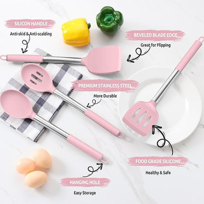 E-far Cooking Utensils Set of 4, Silicone Kitchen Utensils for Non-stick Cookware, Heat Resistant & Non-toxic Slotted Spatula Solid Spoon Turner for Flipping Mixing Serving Basting(Pink) - Image 4