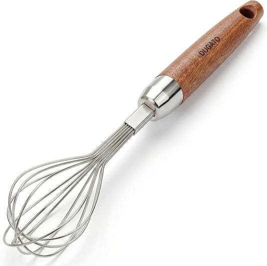Egg Whisk, 10" Long Wire Whisk Stainless Steel, Small Balloon Whisking Tool with Wooden Handle, Perfectly Sized for 1-Cup Measuring Cups, Scrambling Eggs & Small Sauces