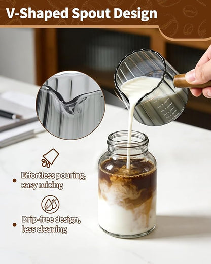 2 Pack Espresso Measuring Cup, 6oz Borosilicate Glass Espresso Cups with Wood Handle, V-Shaped Spout Milk Frothing Cup for Coffee, Tea, Syrup – Dishwasher Safe