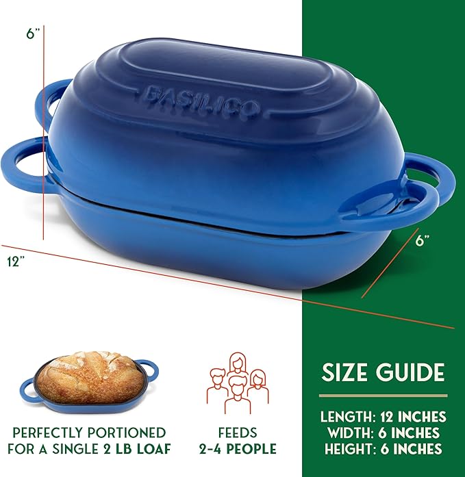 Enameled Cast Iron Bread Oven 2 Qt (Blue), Non-Stick Single Loaf Cast Iron Bread Pan with Lid, Easy Homemade Sourdough Dutch Oven with Lid, Oven-Safe Artisan Bread Baking Pan