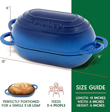 Enameled Cast Iron Bread Oven 2 Qt (Blue), Non-Stick Single Loaf Cast Iron Bread Pan with Lid, Easy Homemade Sourdough Dutch Oven with Lid, Oven-Safe Artisan Bread Baking Pan