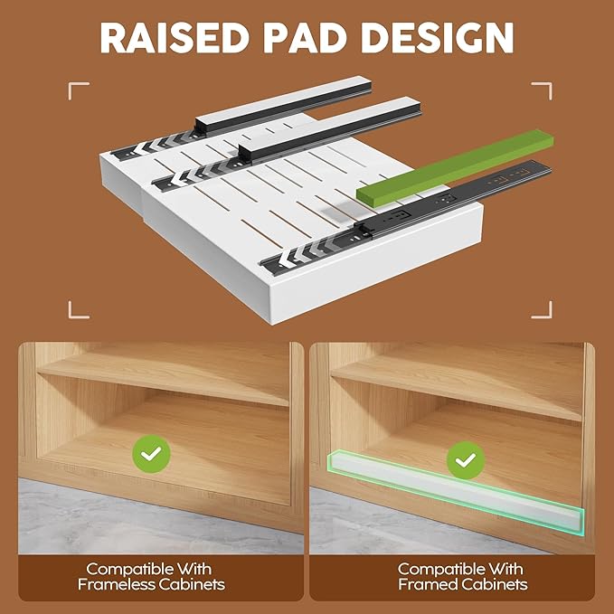 Seinloes 1 Pack Expandable Pull Out Cabinet Organizer 21" Deep with Raising Pad for Framed Cabinets,Upgrade 3 Slide Rails Slide Out Drawers,Roll Out Shelves Adhesive,Adjustable Width 12.05"-20.4"White - Image 2