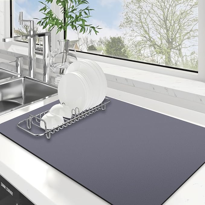WISELIFE Dish Drying Mat Super Absorbent Drying Mat Large Dish Drying Mats for Kitchen Counter Easy Clean Dish Mat Kitchen Drying Mat16"x 24" Classic Grey by WiseLife