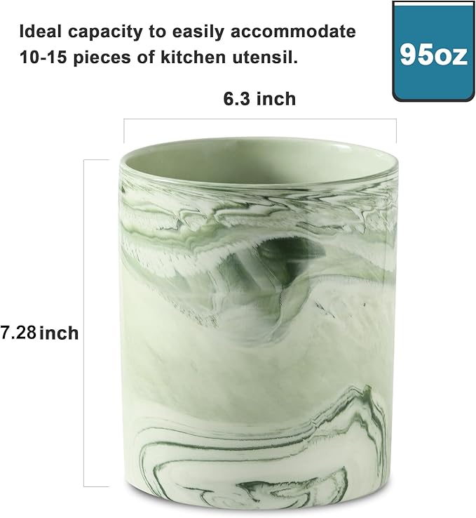 7.2 inch Large Utensil Holder for Kitchen Counter, Marble Utensil Crock Spatula Holder for Countertop Cooking Tools Storage Caddy Farmhouse Kitchen Decor (Marble-Green) - Image 3