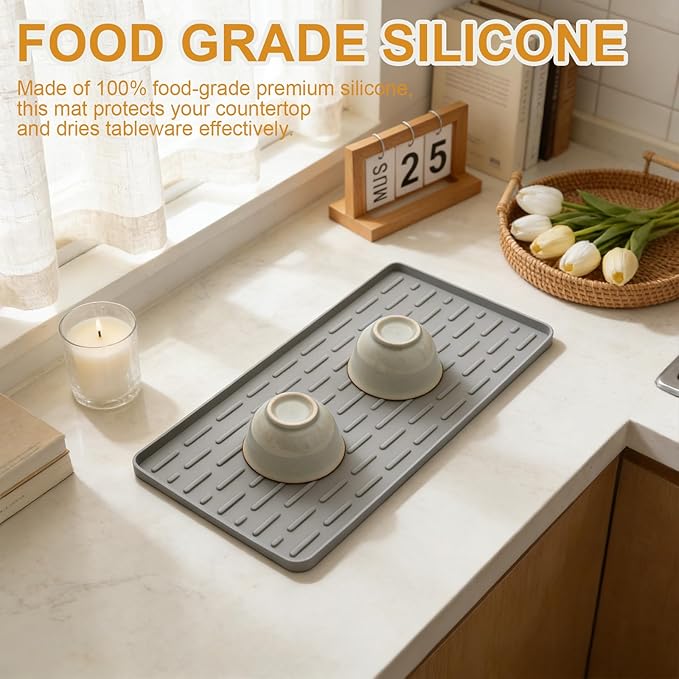 Silicone Coffee Mat, 16"X7" Heat-Resistant,Eco-friendly,Hygienic Drying Pad,Leak-Proof and Non-Slip,Removable Silicone Mat with Concave and Convex Design,（Gray 16X7） - Image 5