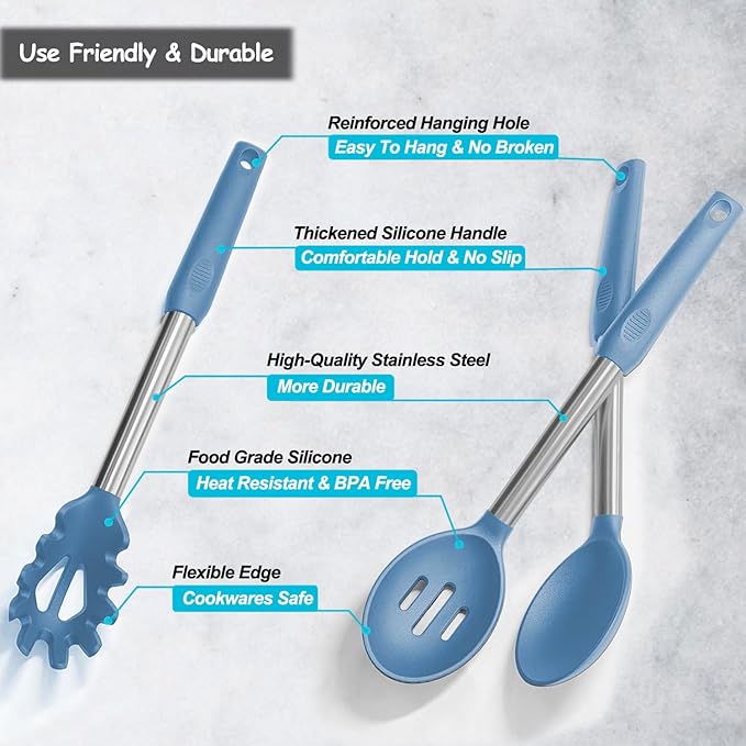 Silicone Spatula and Cooking Spoon,5 Pack Solid & Slotted Spoons and Spatulas High Heat resitant for Kitchen, Stainless Steel Handle Coated with Silicone, Non Stick Utensil, Starry blue - Image 4